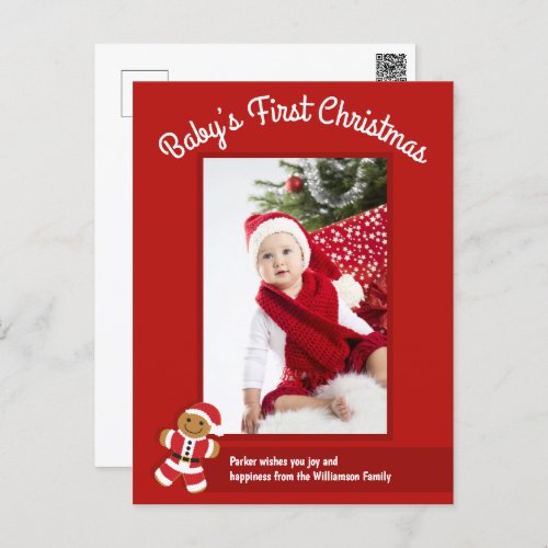 Gingerbread Santa Red Photo Baby First Christmas Holiday Postcard