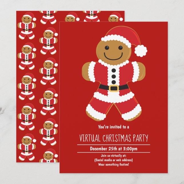 Gingerbread Santa Red Virtual Christmas Party Invitation (Front/Back)
