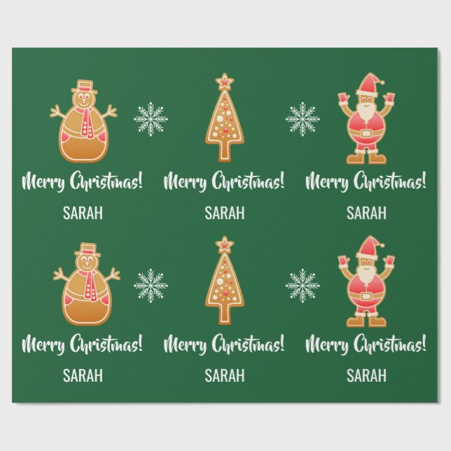 Gingerbread Santa Xmas Tree Snowman Personalize Wrapping Paper (Flat)