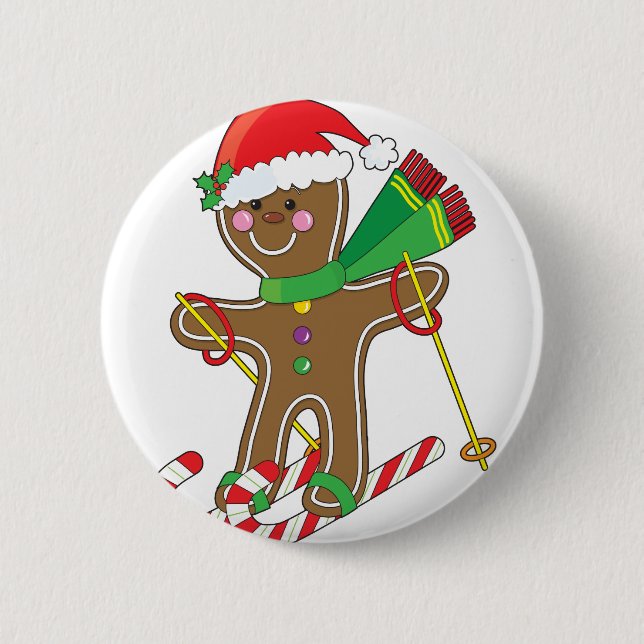 Gingerbread Skier Pinback Button (Front)