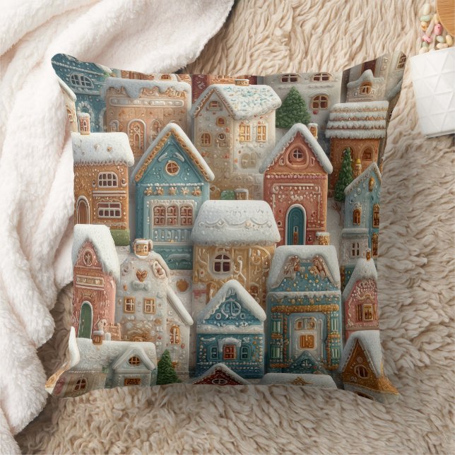 Gingerbread Snow Frosted Village Throw Pillow (Blanket)