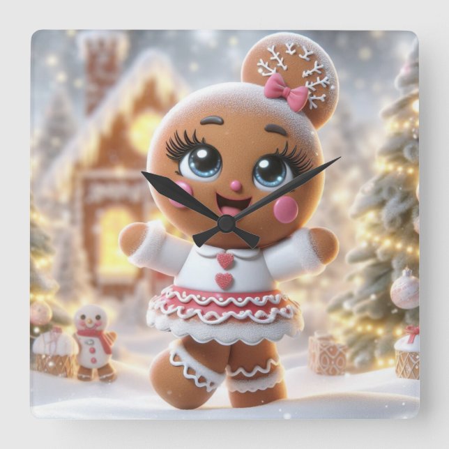 Gingerbread Snowflake Sparkle Square Wall Clock (Front)