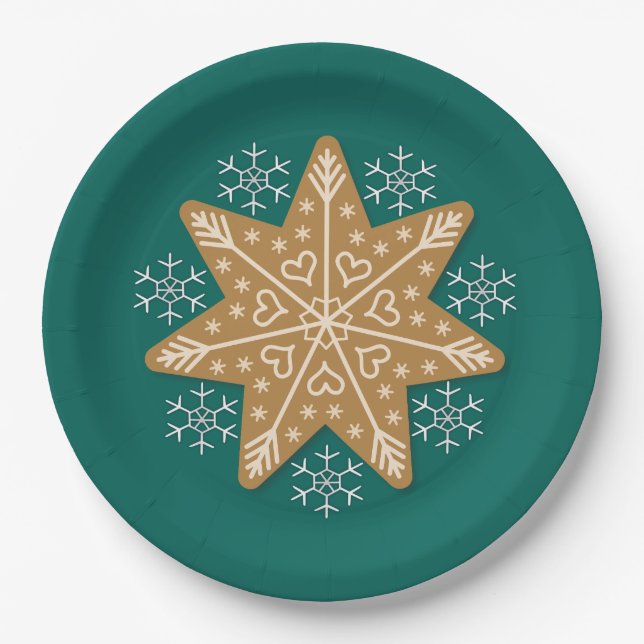 Gingerbread Star and Snowflakes Christmas Paper Plates (Front)