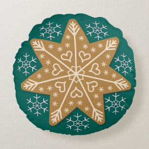 Gingerbread Star and Snowflakes Christmas Round Pillow