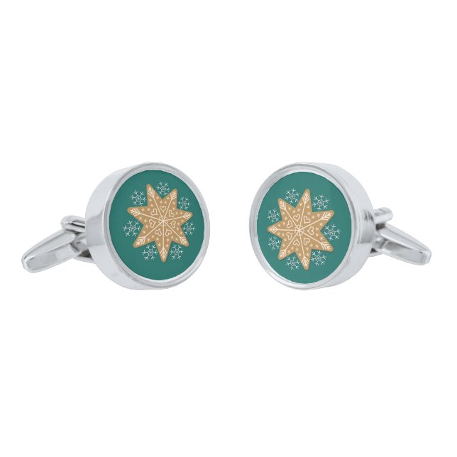Gingerbread Star and Snowflakes Teal Cufflinks (Angled)