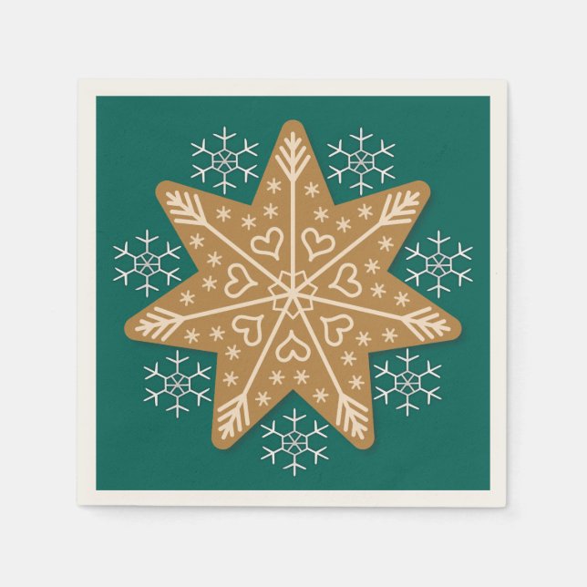 Gingerbread Star and Snowflakes Teal Napkins (Front)