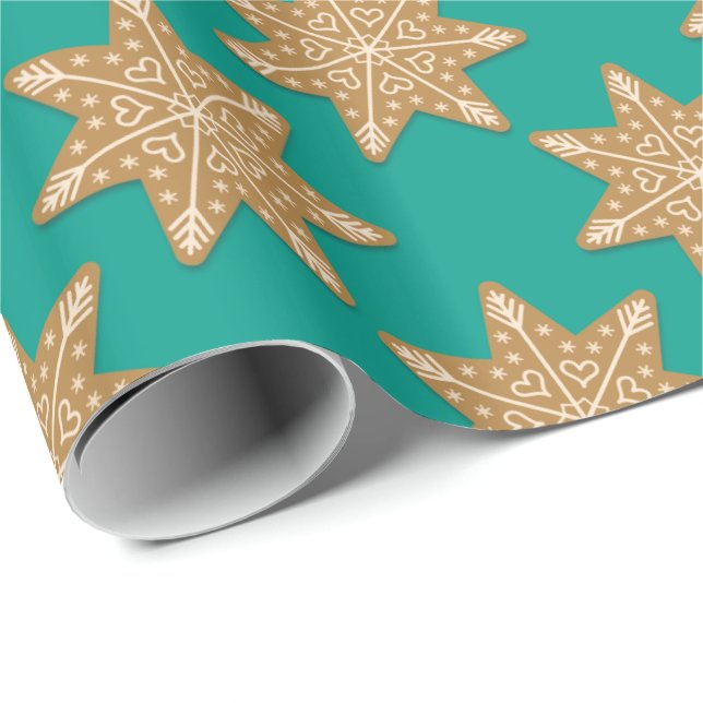 Gingerbread Star Cookies Pattern Green Wrapping Paper (Roll Corner)