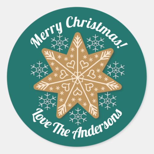 Gingerbread Star Snowflakes Christmas Custom Text Classic Round Sticker
