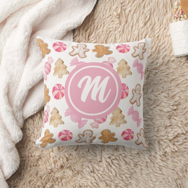 Gingerbread & Sugarplum Pink Monogram Pattern Throw Pillow (Blanket)
