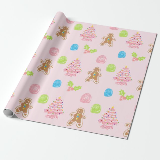 Gingerbread Sweets Pastel Pink Wrapping paper (Unrolled)