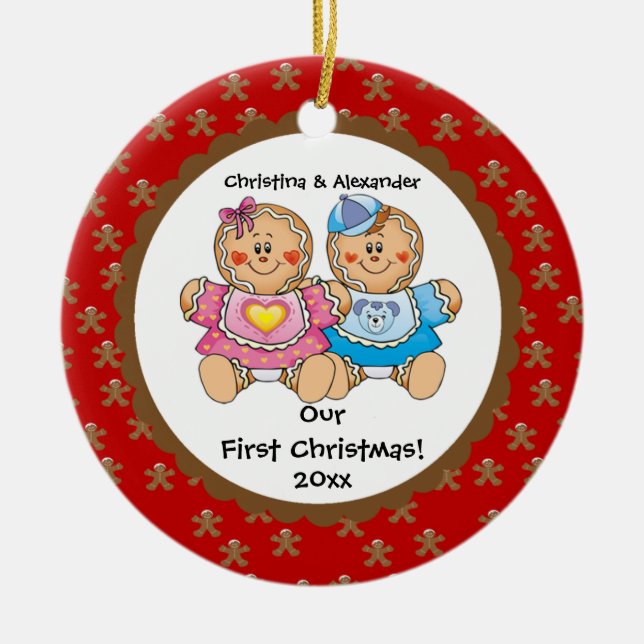 Gingerbread Twins Baby's First Christmas Ornament (Front)