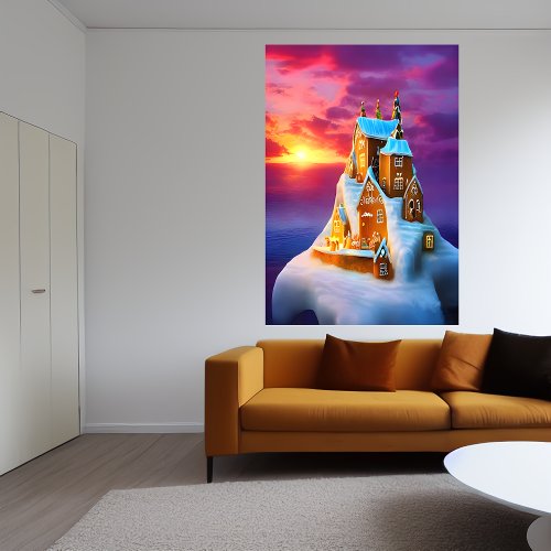 Gingerbread village on a iceberg  AI Art  Poster