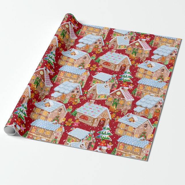 Gingerbread Village (red) Wrapping Paper (Unrolled)