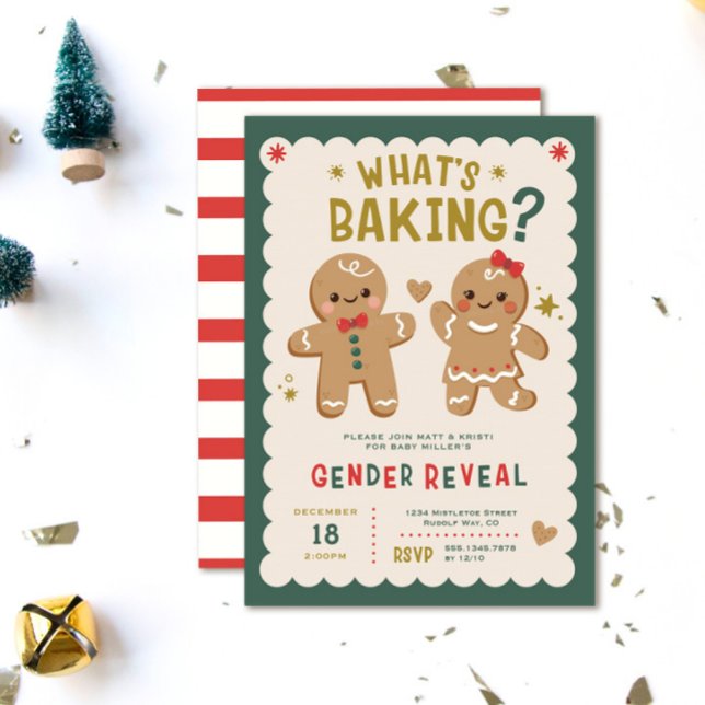 Gingerbread What's Baking Christmas Gender Reveal  Invitation (What's Baking? Christmas gingerbread gender reveal invitations. He or She)