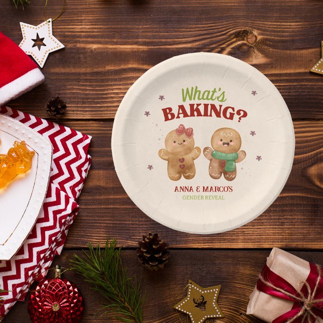 Gingerbread What's baking Christmas Gender Reveal Paper Plates (What's baking - Christmas gender reveal party)