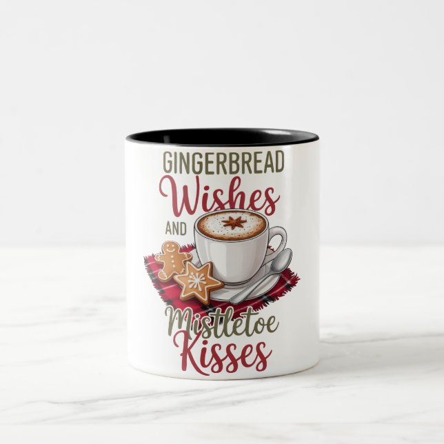 Gingerbread Wishes and Mistletoe Kisses Christmas Two-Tone Coffee Mug (Center)