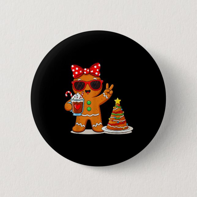 Gingerbread Women Drinking Coffee Christmas Tree C Button (Front)