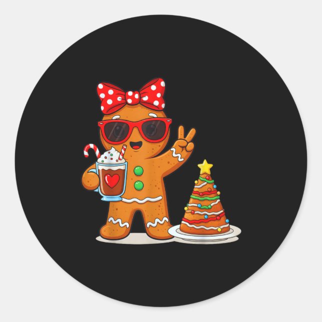 Gingerbread Women Drinking Coffee Christmas Tree C Classic Round Sticker (Front)