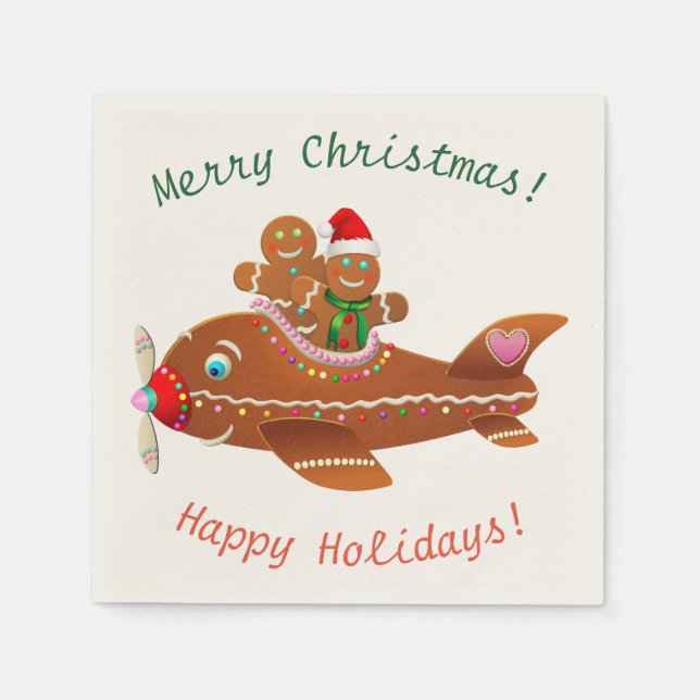 Gingerbread Xmas Airplane Cartoon Napkins (Front)