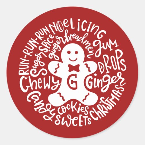 Gingerman Christmas Winter Candy Typography RED Classic Round Sticker