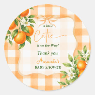 Gingham A Little Cutie Orange Baby Shower Classic Round Sticker