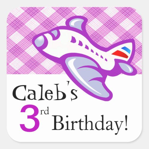 Gingham Airplane Birthday Party Favor  lilac Square Sticker