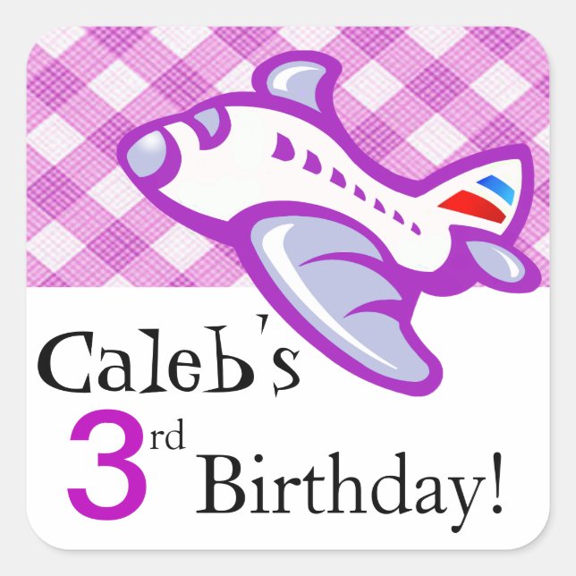 Gingham Airplane Birthday Party Favor | lilac Square Sticker (Front)