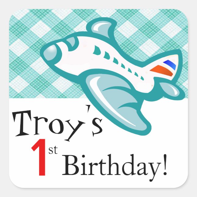 Gingham Airplane Birthday Party Favor | mint aqua Square Sticker (Front)
