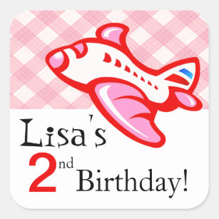 Gingham Airplane Birthday Party Favor   pink red Square Sticker