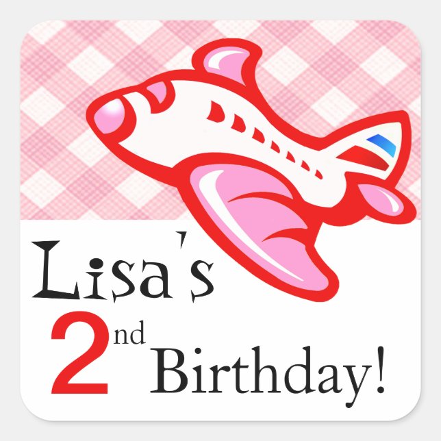Gingham Airplane Birthday Party Favor | pink red Square Sticker (Front)