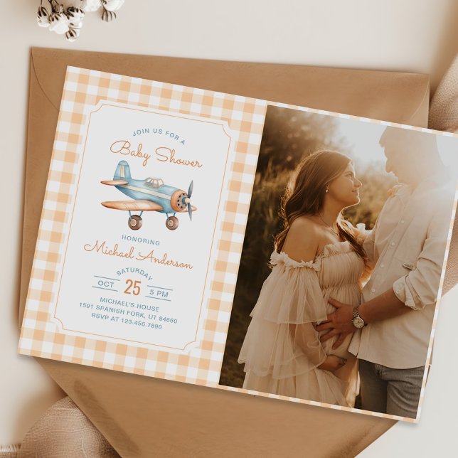 Gingham Airplane Boy Baby Shower Photo Invitation (Creator Uploaded)