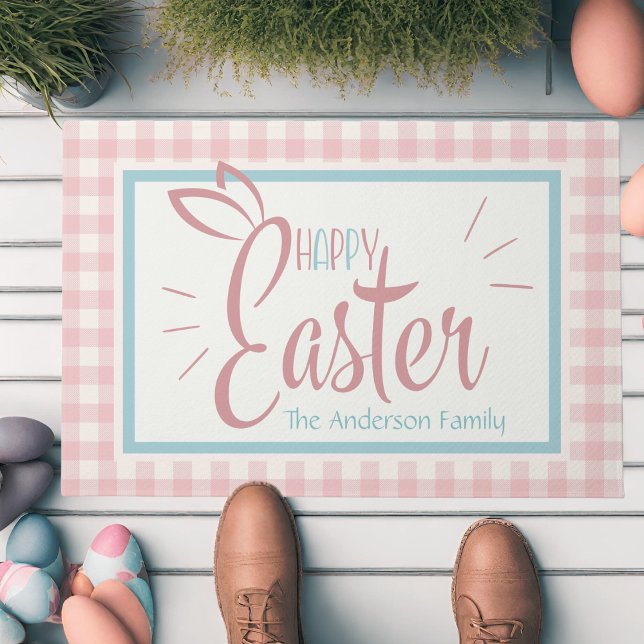 Gingham And Bunny Ears Happy Easter Personalized Doormat (Gingham And Bunny Ears Happy Easter Personalized Doormat)