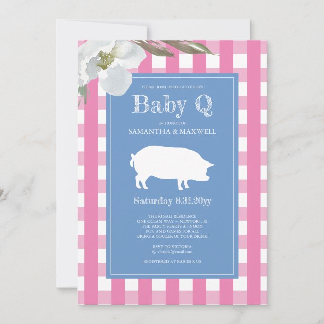Gingham and Pig Baby Q Baby Shower Invitation (Front)