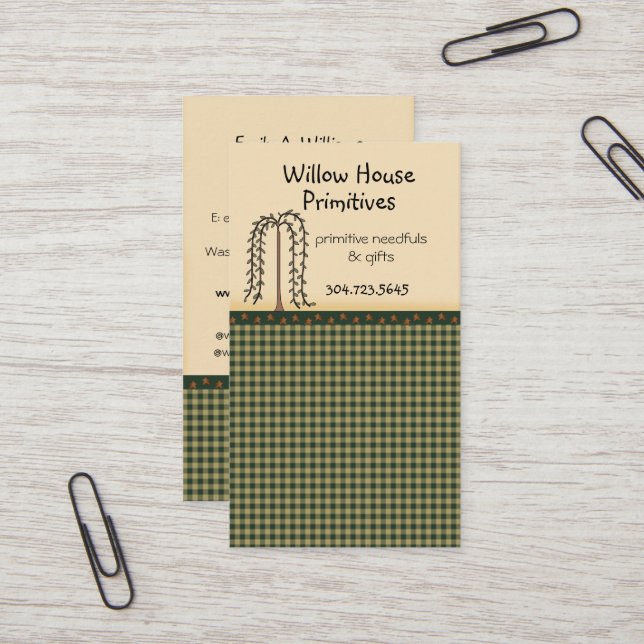 Gingham and Stars Willow Tree Primitive Country Business Card (Front/Back In Situ)