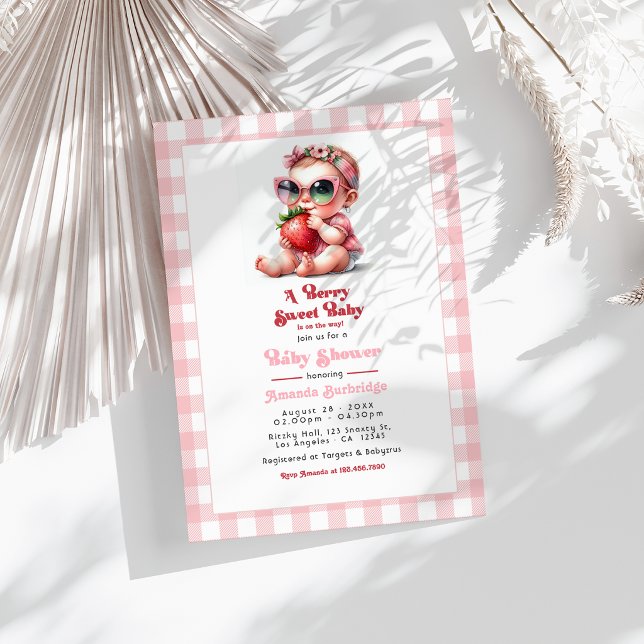 Gingham and Strawberry Berry Sweet Baby Shower Invitation (Gingham and Strawberry Berry Sweet Baby Shower Invitation)