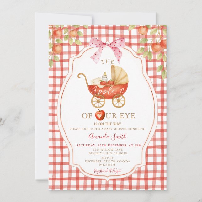 Gingham Apple of our Eye Baby Shower Carriage Invitation (Front)