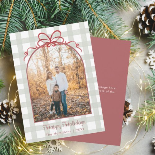 Gingham Arch Red Bow Happy Holidays Photo Card