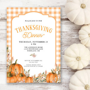 Gingham Autumn Pumpkins Thanksgiving Dinner Invitation