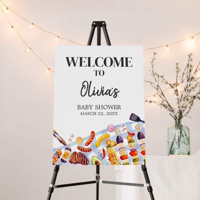 Gingham Baby BBQ Baby Shower Welcome Sign (In Situ (Stand))