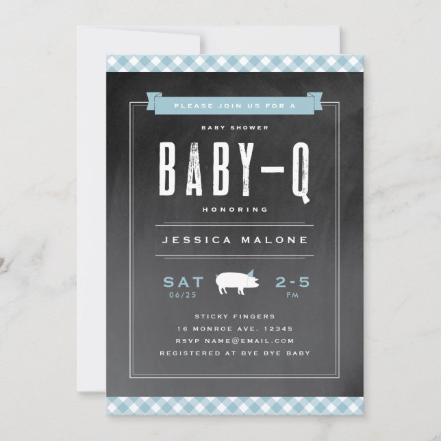 Gingham Baby BBQ Blue Baby Shower Invitation (Front)