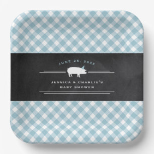 Gingham Baby BBQ Blue Co-ed Baby Shower Paper Plates