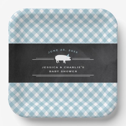 Gingham Baby BBQ Blue Co_ed Baby Shower Paper Plates