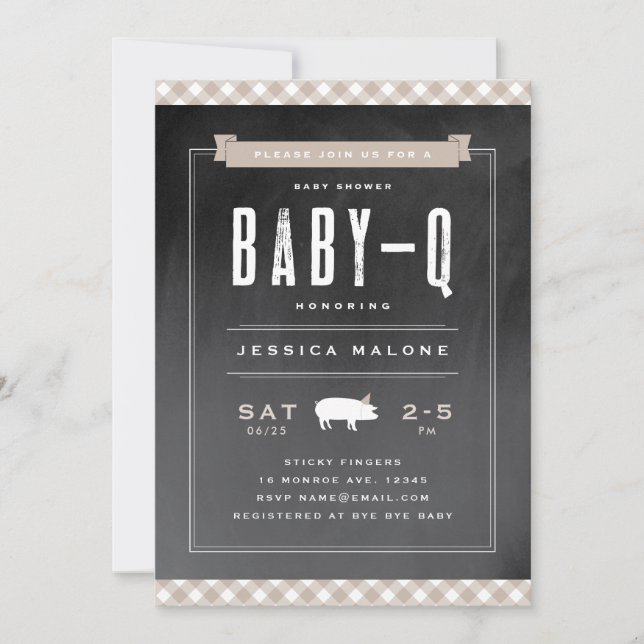 Gingham Baby BBQ Neutral Khaki Baby Shower Invitation (Front)