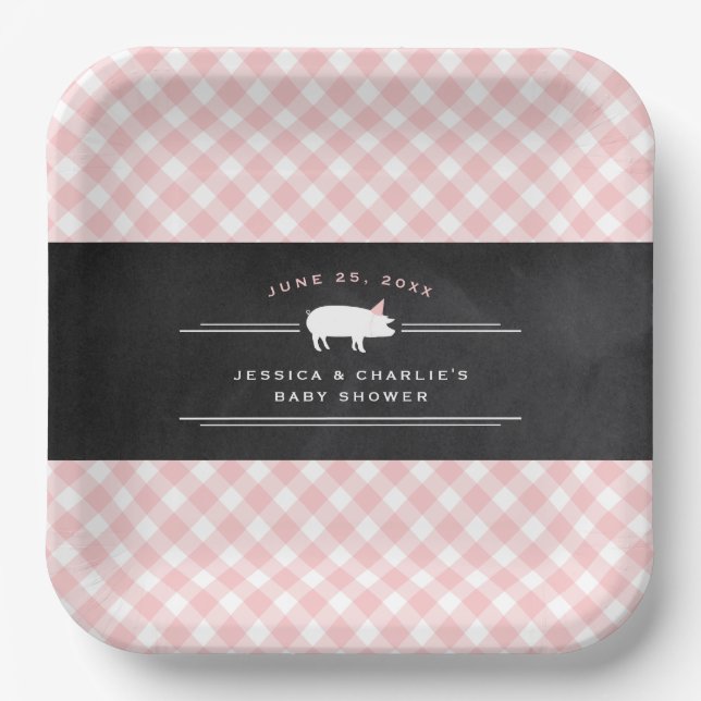 Gingham Baby BBQ Pink Co-ed Baby Shower Paper Plates (Front)
