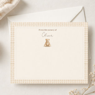 Gingham Baby Teddy Bear Nursery Neutral Note Card
