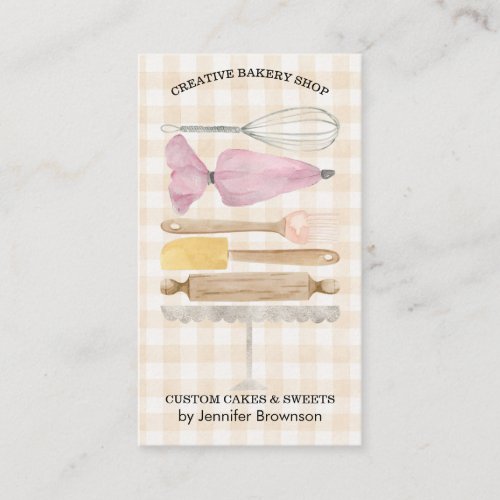 Gingham Bakery Pastry Chef Watercolor Cake Decor Business Card