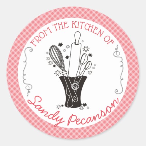 Gingham baking utensils vase from the kitchen of classic round sticker