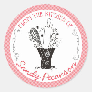 Gingham baking utensils vase from the kitchen of classic round sticker