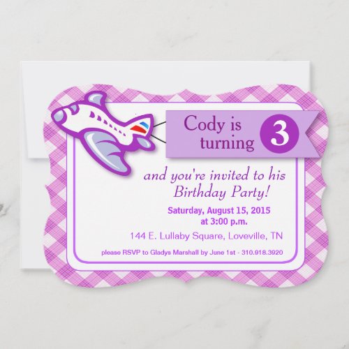 Gingham Banner Plane Birthday  lavender Invitation