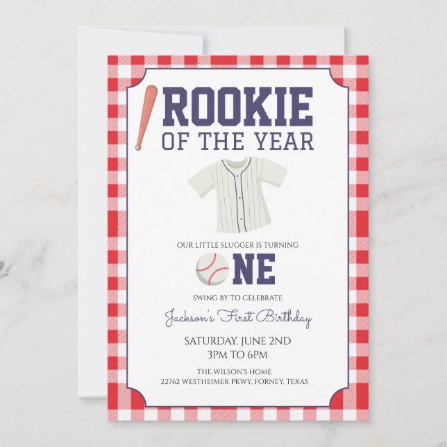 Gingham Baseball 1st Birthday Invitation (Front)